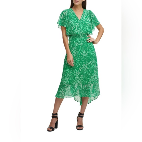 DKNY Green Floral Flutter Sleeve Flirty Dress Ladies 12 NWT - Picture 1 of 15